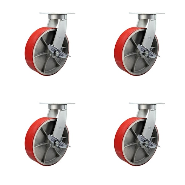 Service Caster 10'' Heavy Duty Red Poly on Cast Iron Caster Set 4 Brakes 2 Swivel Locks, 4PK CRAN-KP92S1030-PUR-RS-SLB-BSL-2-SLB2 - main